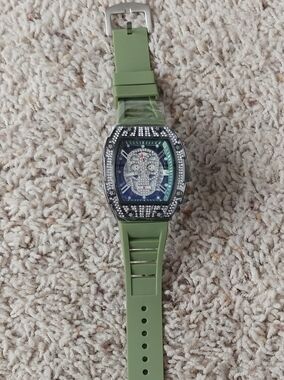 Green Silicone Strap Skull Cz Stone Watch
